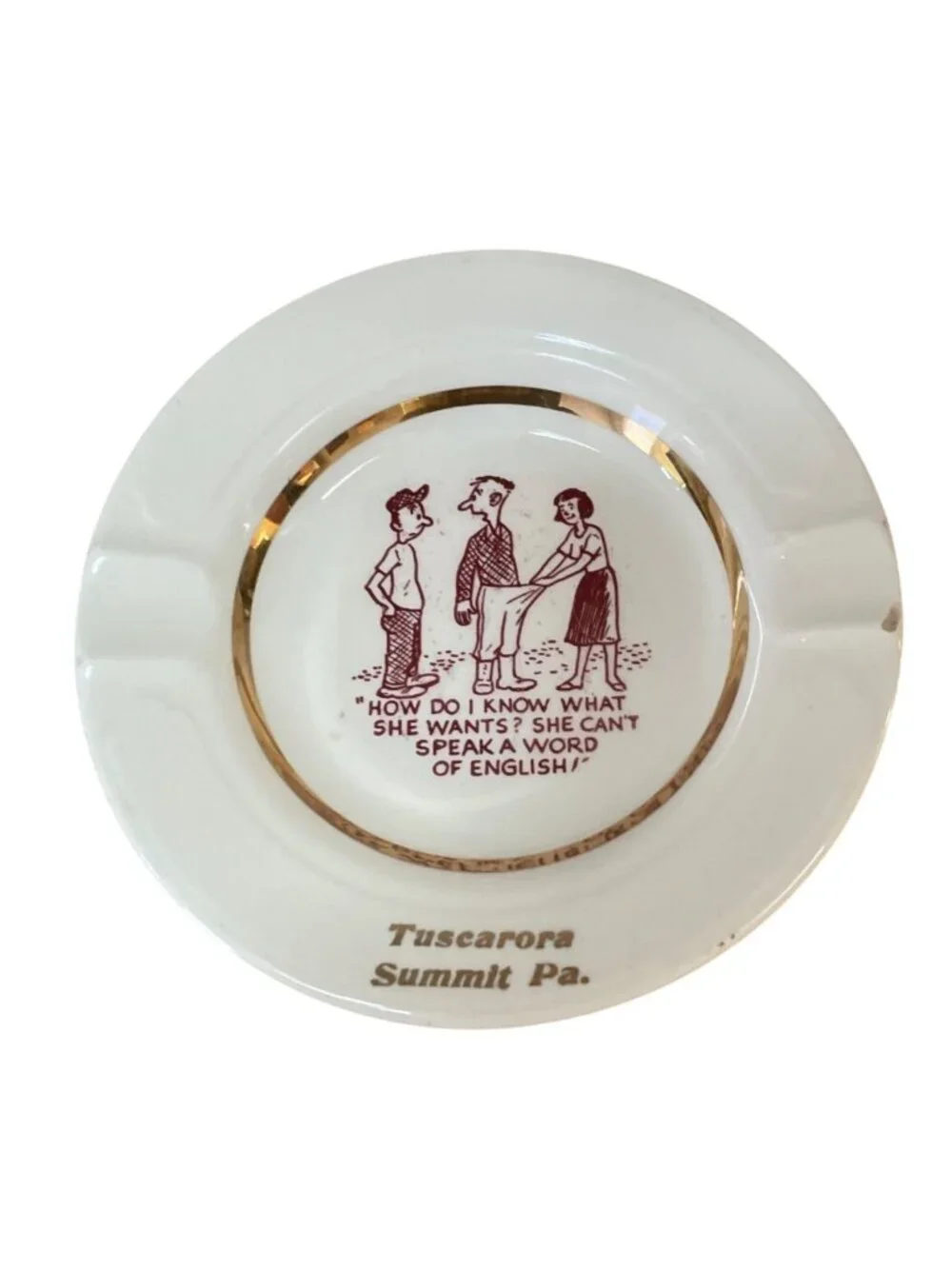 Vtg Tuscarora Summit PA Ashtray Risqué Adult Humor Gold Trim Mid Century MCM